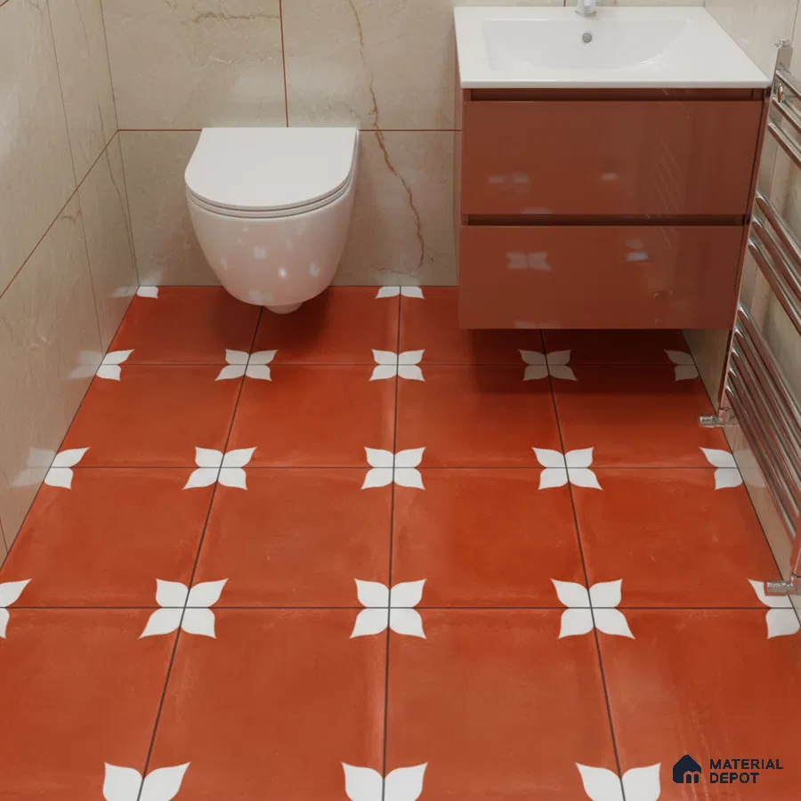 Modern bathroom with terracotta floral patterned floor tiles and beige marble wall tiles