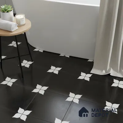 Modern bathroom with black-and-white floral patterned floor tiles