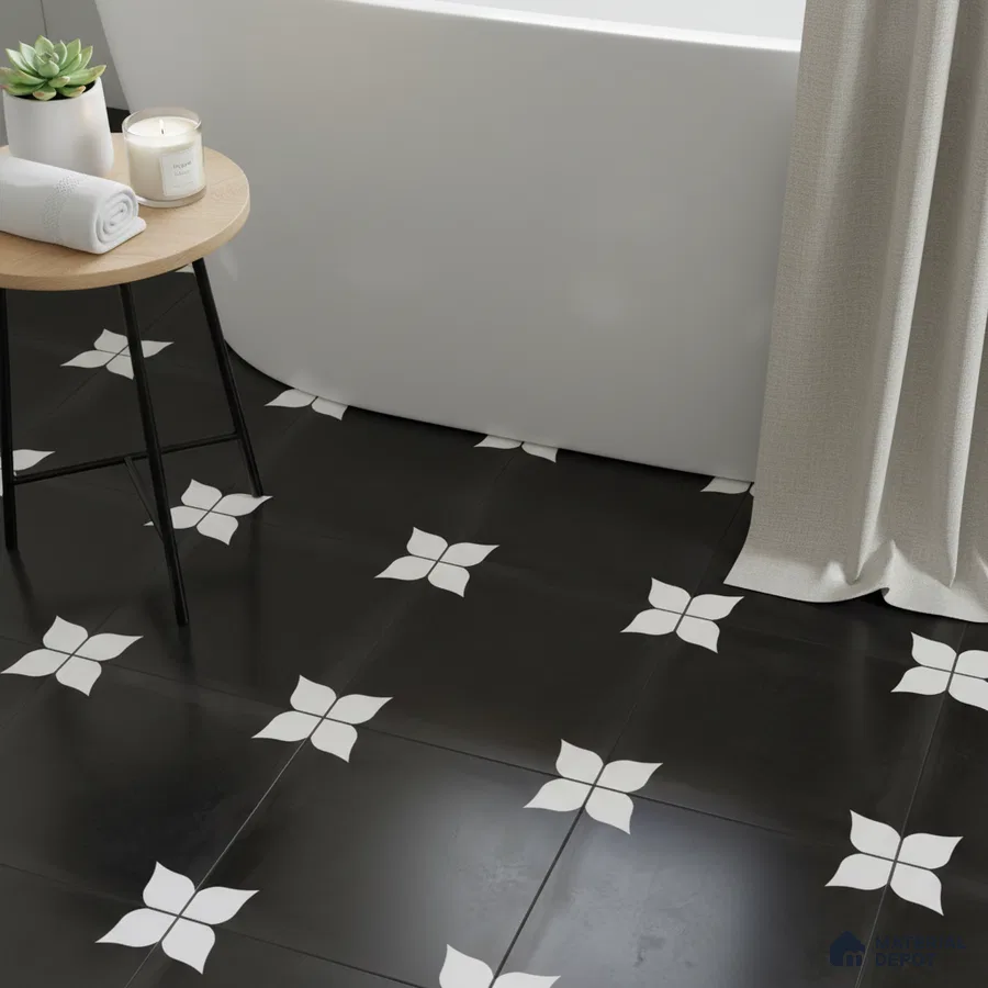 Modern bathroom with black-and-white floral patterned floor tiles