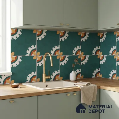 Modern kitchen with sage green laminate cabinets, oak wood countertop, and teal geometric patterned backsplash tiles