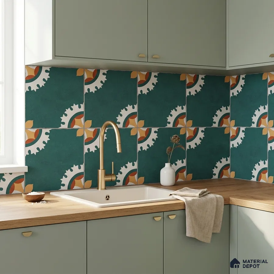 Modern kitchen with sage green laminate cabinets, oak wood countertop, and teal geometric patterned backsplash tiles
