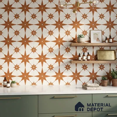 Modern kitchen with terracotta geometric star patterned wall tiles, sage green laminate cabinets, and white quartz countertop