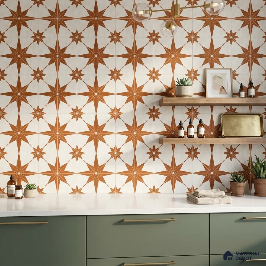 Modern kitchen with terracotta geometric star patterned wall tiles, sage green laminate cabinets, and white quartz countertop