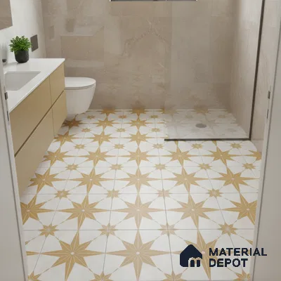 Modern bathroom with beige wall tiles, white countertop, and yellow star patterned floor tiles
