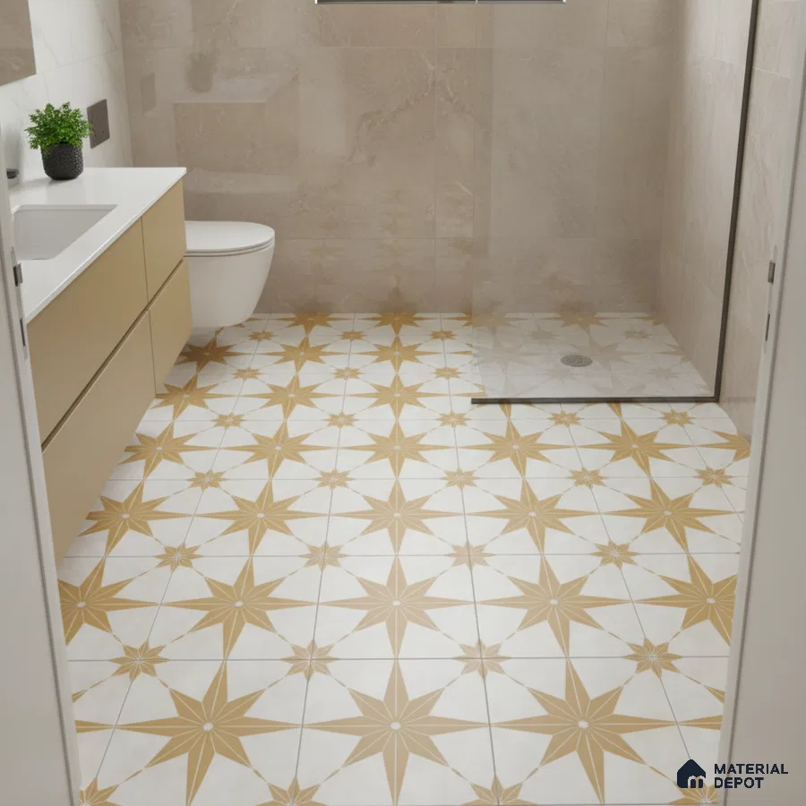 Modern bathroom with beige wall tiles, white countertop, and yellow star patterned floor tiles