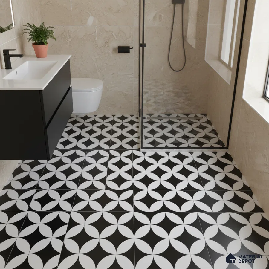 Modern bathroom with beige marble wall tiles and black-and-white geometric patterned floor tiles