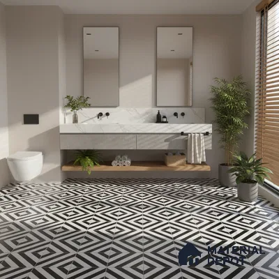 Modern bathroom with marble-look vanity and black-and-white geometric patterned floor tiles