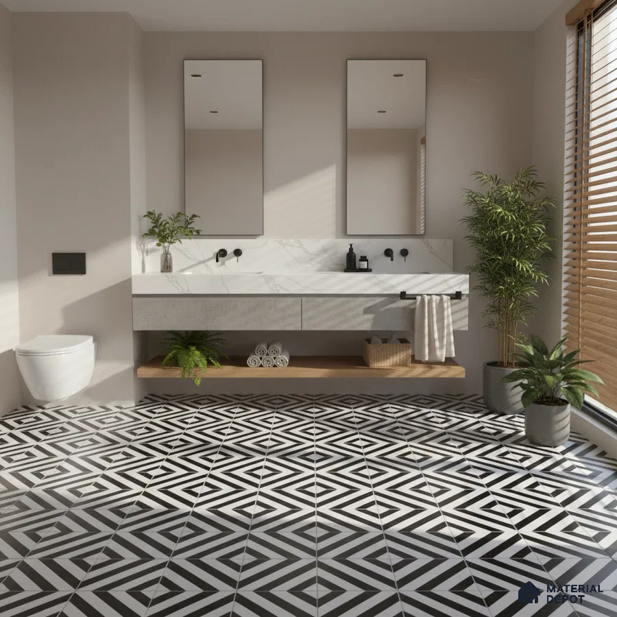 Modern bathroom with marble-look vanity and black-and-white geometric patterned floor tiles