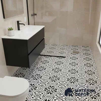 Modern bathroom with black vanity, white countertop, and black-and-white patterned floor tiles