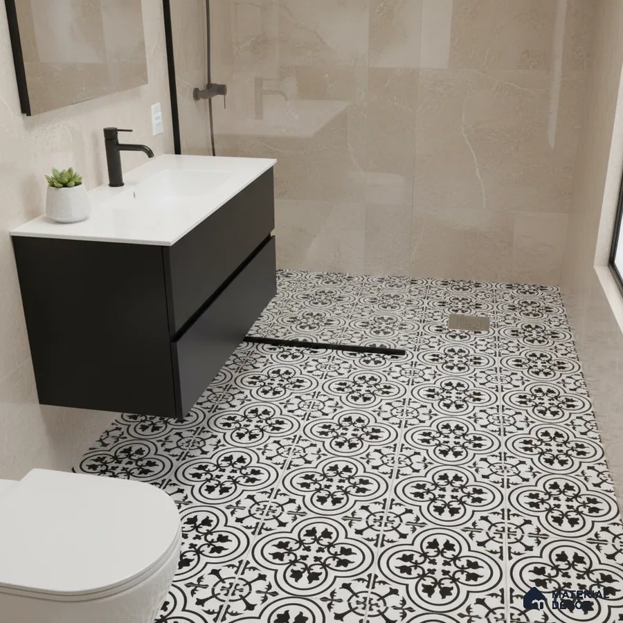 Modern bathroom with black vanity, white countertop, and black-and-white patterned floor tiles