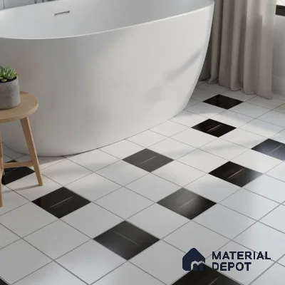 Modern bathroom with black-and-white checkerboard floor tiles and freestanding tub
