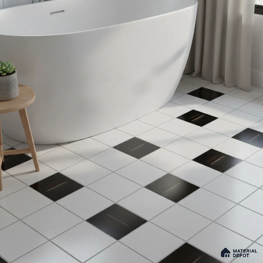 Modern bathroom with black-and-white checkerboard floor tiles and freestanding tub