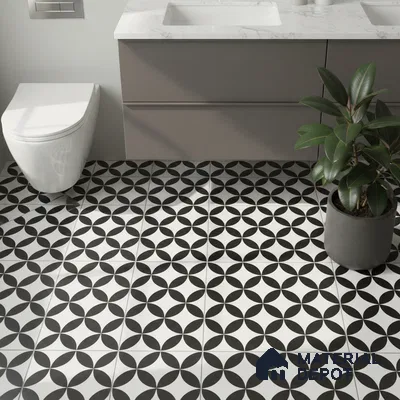 Modern bathroom with geometric black-and-white patterned floor tiles and grey vanity