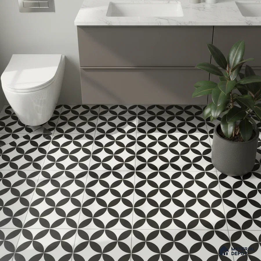 Modern bathroom with geometric black-and-white patterned floor tiles and grey vanity