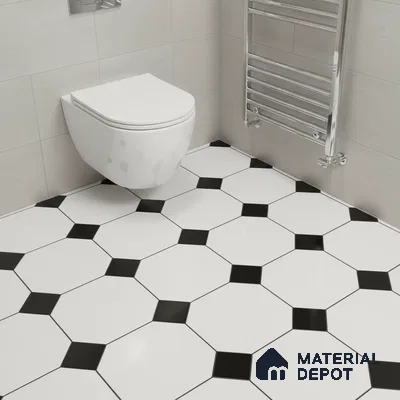 Modern bathroom with black-and-white octagonal floor tiles and light grey wall tiles