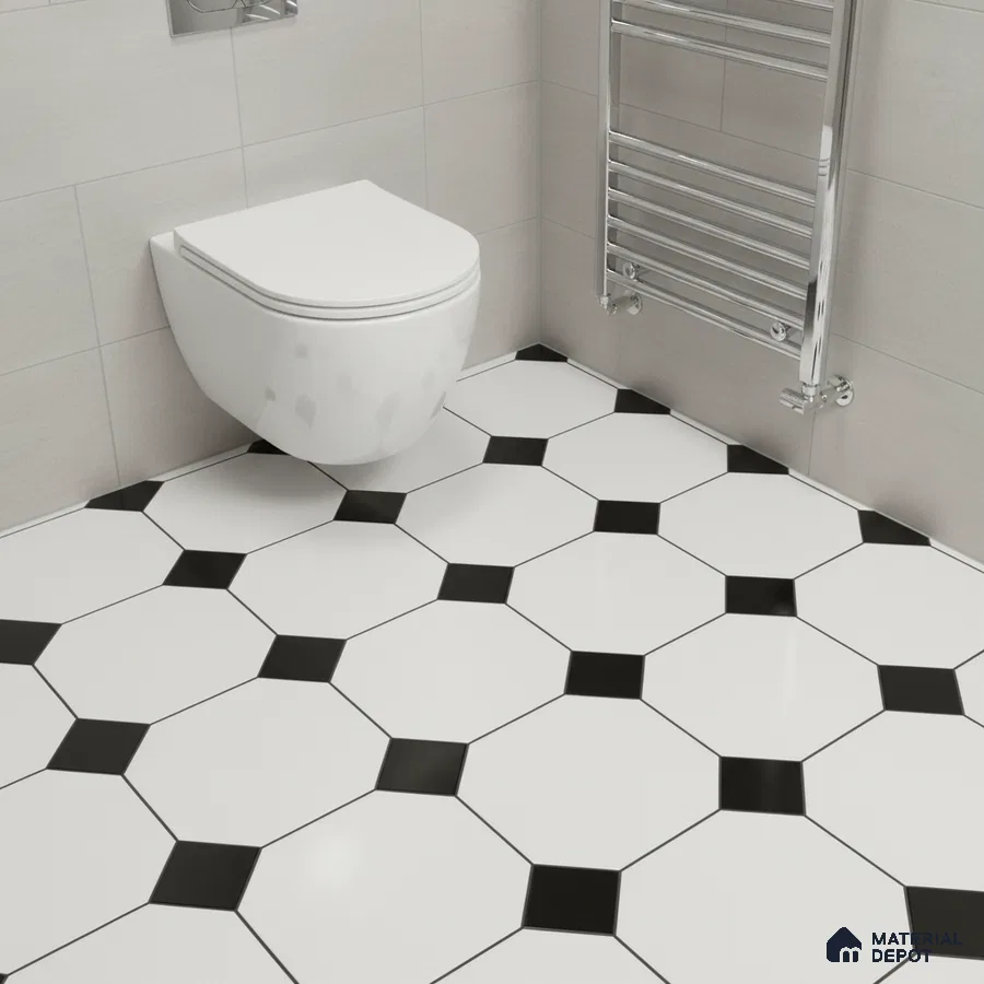 Modern bathroom with black-and-white octagonal floor tiles and light grey wall tiles