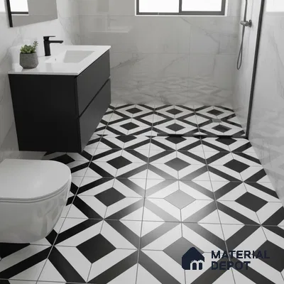 Modern bathroom with black-and-white geometric floor tiles and matte black floating vanity