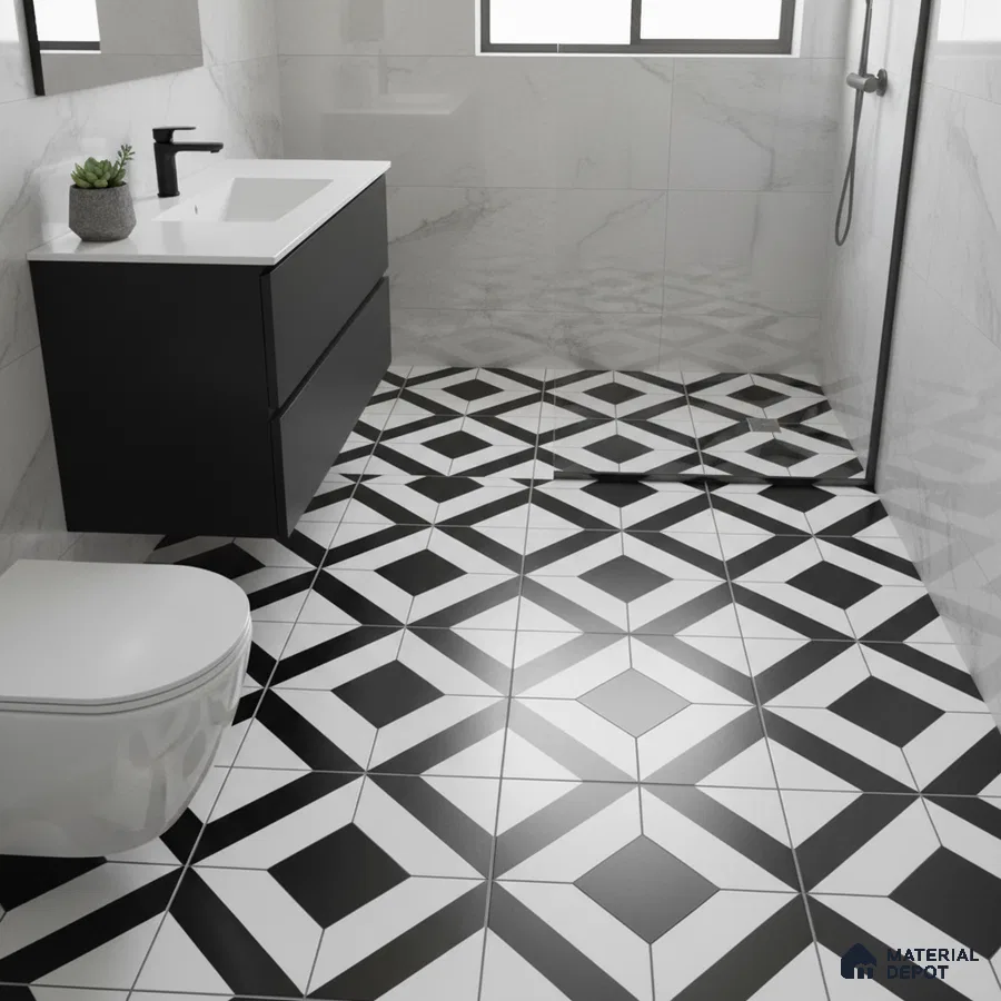 Modern bathroom with black-and-white geometric floor tiles and matte black floating vanity