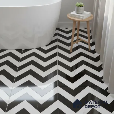 Modern bathroom with black-and-white chevron floor tiles and freestanding tub
