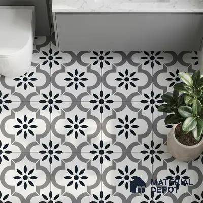 Modern bathroom with black-and-white geometric patterned floor tiles and marble countertop vanity