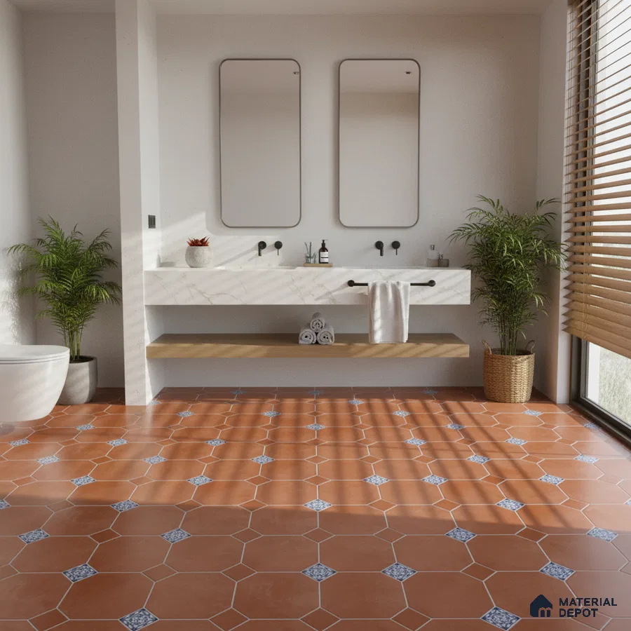 Modern bathroom with terracotta octagonal floor tiles and white marble vanity