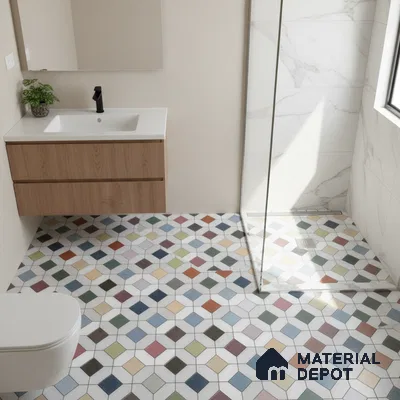 Modern bathroom with multicolor geometric floor tiles, wood laminate vanity, and marble-look shower wall tiles