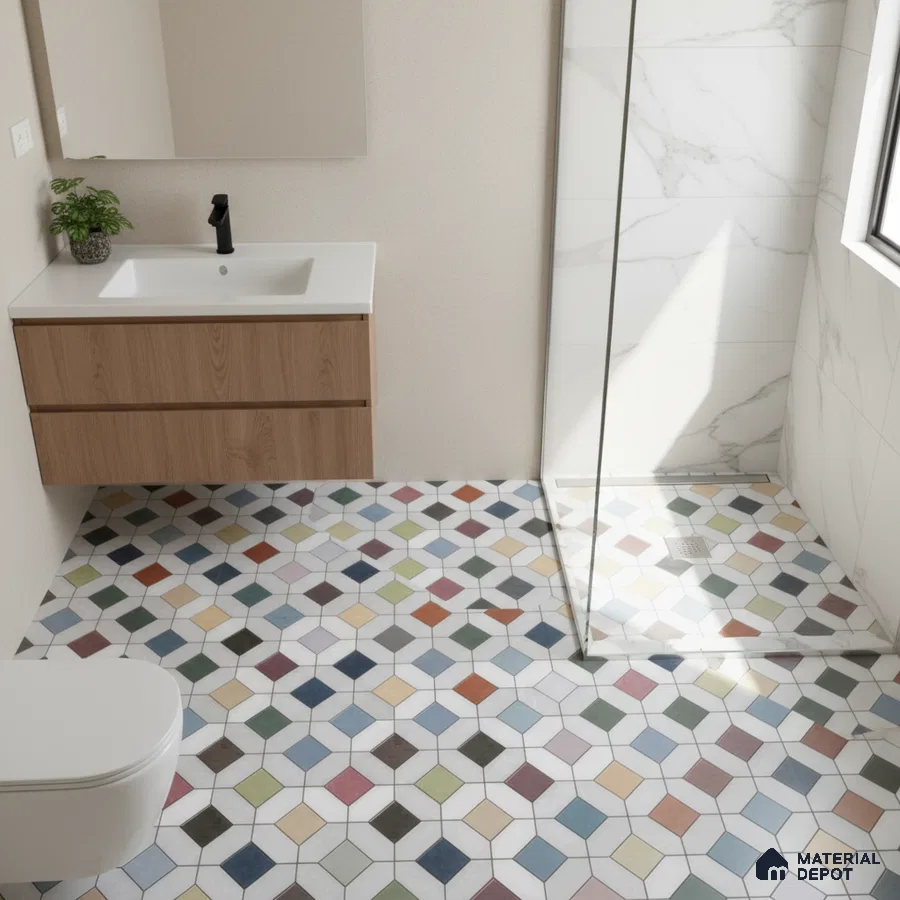 Modern bathroom with multicolor geometric floor tiles, wood laminate vanity, and marble-look shower wall tiles