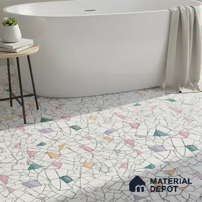 Modern bathroom with colorful terrazzo mosaic floor tiles and freestanding tub