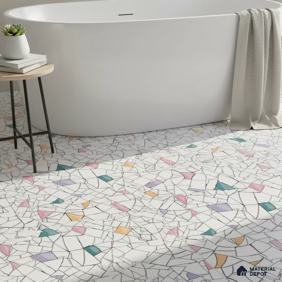 Modern bathroom with colorful terrazzo mosaic floor tiles and freestanding tub