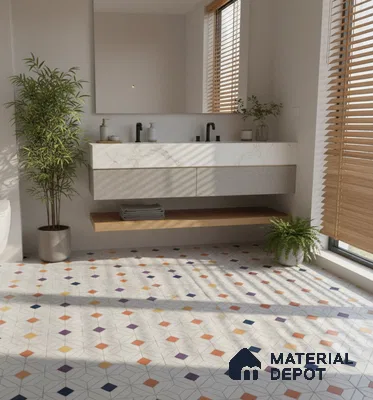 Modern bathroom with geometric multicolor patterned floor tiles and marble-look floating vanity