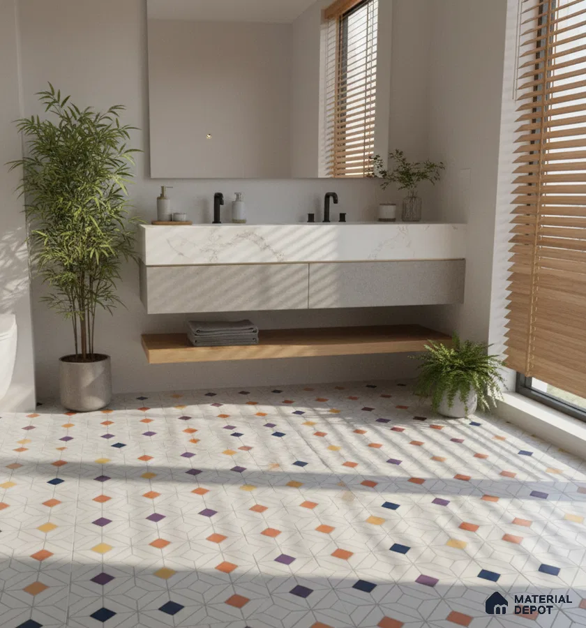 Modern bathroom with geometric multicolor patterned floor tiles and marble-look floating vanity