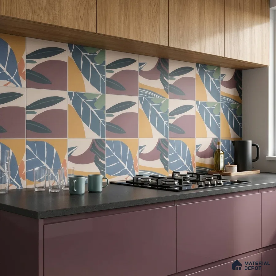 Modern kitchen with plum laminate cabinets, oak wood laminate shutters, and multicolor tropical patterned backsplash tiles
