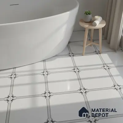Minimalist bathroom with white patterned floor tiles and freestanding tub