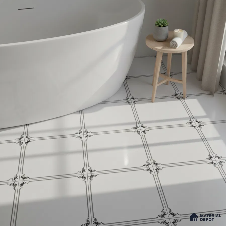 Minimalist bathroom with white patterned floor tiles and freestanding tub