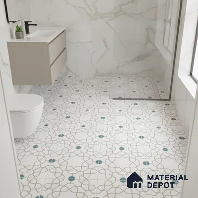 Modern bathroom with marble-look wall tiles and geometric patterned floor tiles