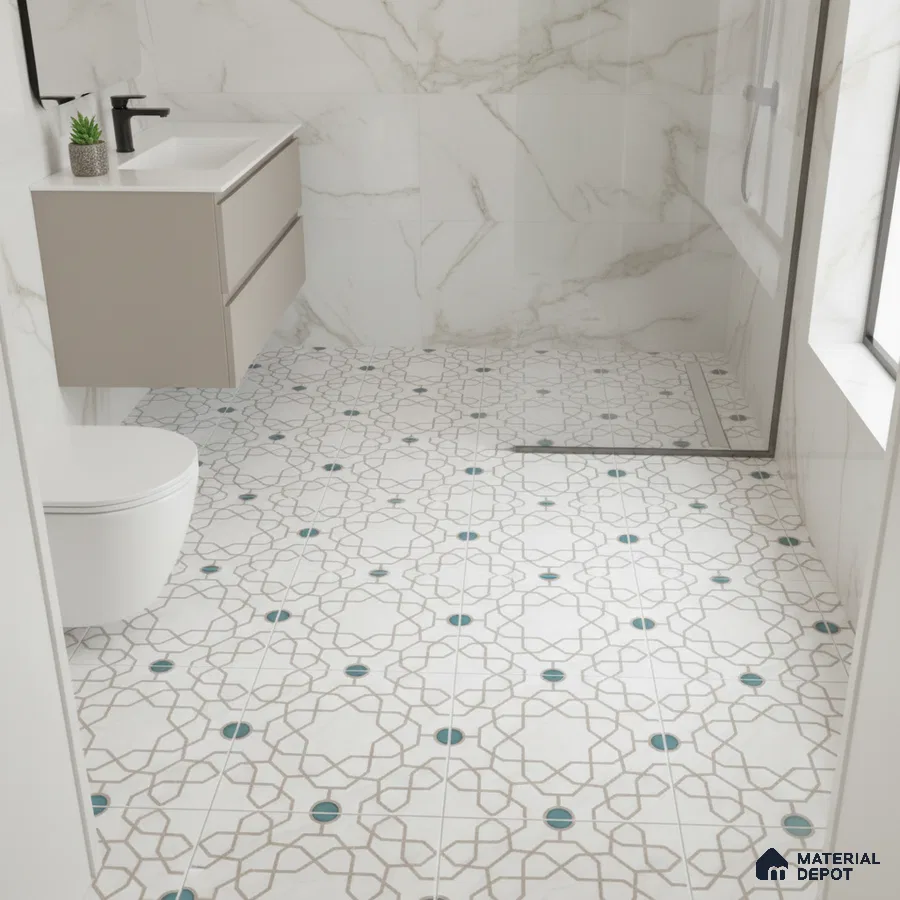 Modern bathroom with marble-look wall tiles and geometric patterned floor tiles