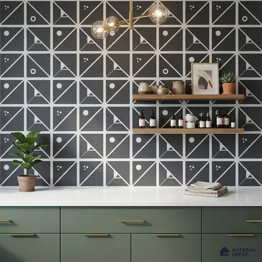 Modern kitchen with sage green laminate cabinets, white quartz countertop, and geometric patterned wall tiles