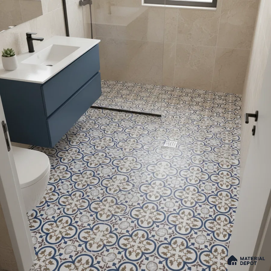 Modern bathroom with blue vanity, white quartz countertop, and blue patterned moroccan floor tiles