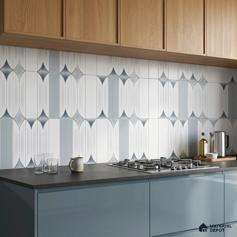 Modern kitchen with geometric blue and white backsplash tile, oak laminate cabinets, and glossy blue base cabinets