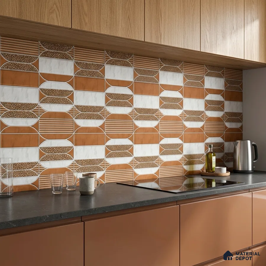 Modern kitchen with terracotta patterned backsplash tile, matte brown laminate cabinets, and oak wood overheads