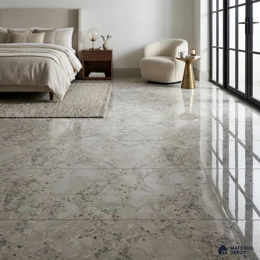 Modern Bedroom with Glossy Grey Marble-Look Floor Tile