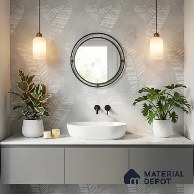 Scandinavian bathroom with grey patterned wallpaper, matte grey vanity, and white countertop