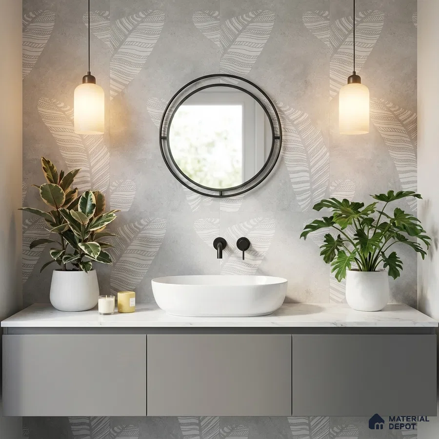 Scandinavian bathroom with grey patterned wallpaper, matte grey vanity, and white countertop