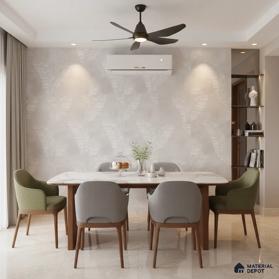 Modern dining room with marble top table, beige patterned wallpaper, and cream marble floor tiles