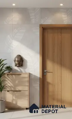 Scandinavian foyer with light oak laminate, leaf patterned wall tiles, and minimalist decor