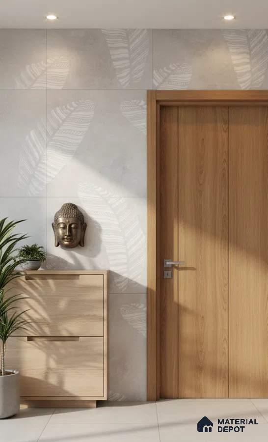 Scandinavian foyer with light oak laminate, leaf patterned wall tiles, and minimalist decor