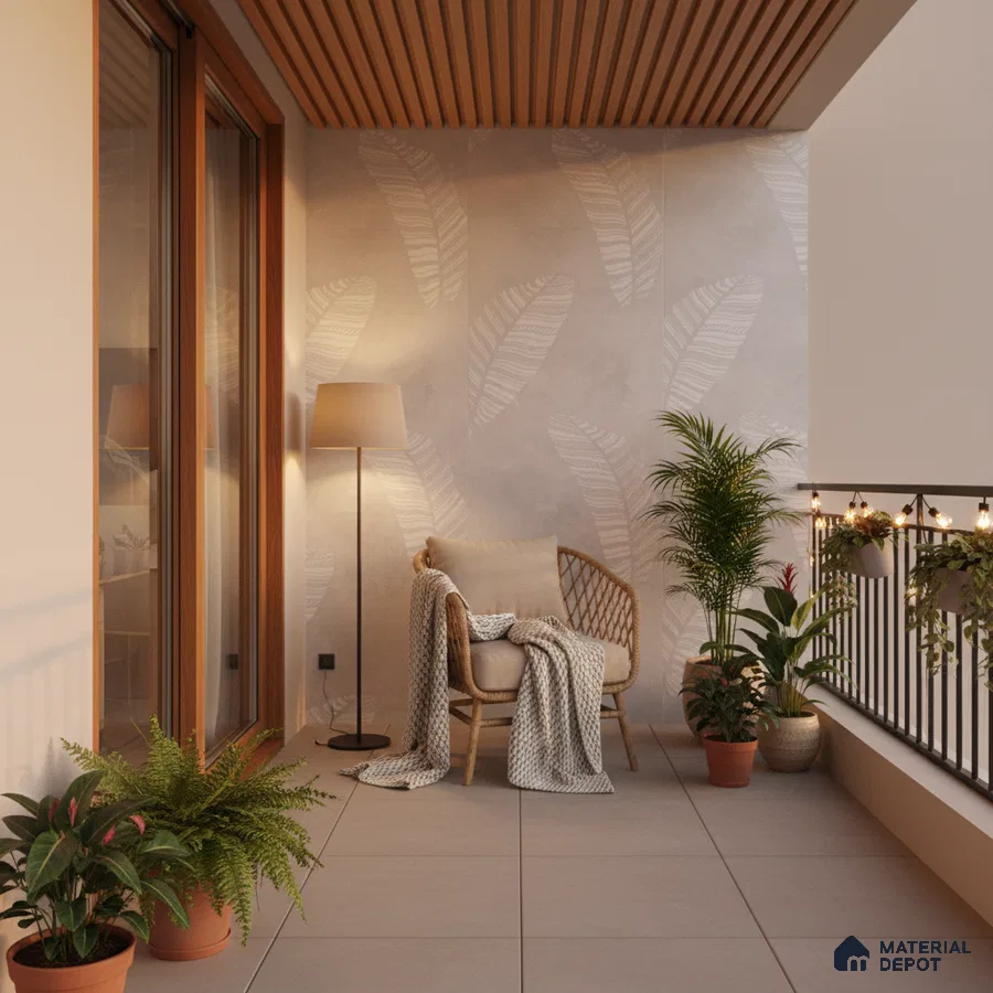 Scandinavian balcony with beige leaf-patterned wallpaper, wooden ceiling louvers, and large format beige floor tiles