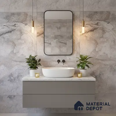 Modern bathroom with grey marble-look wall tiles and matte grey floating vanity