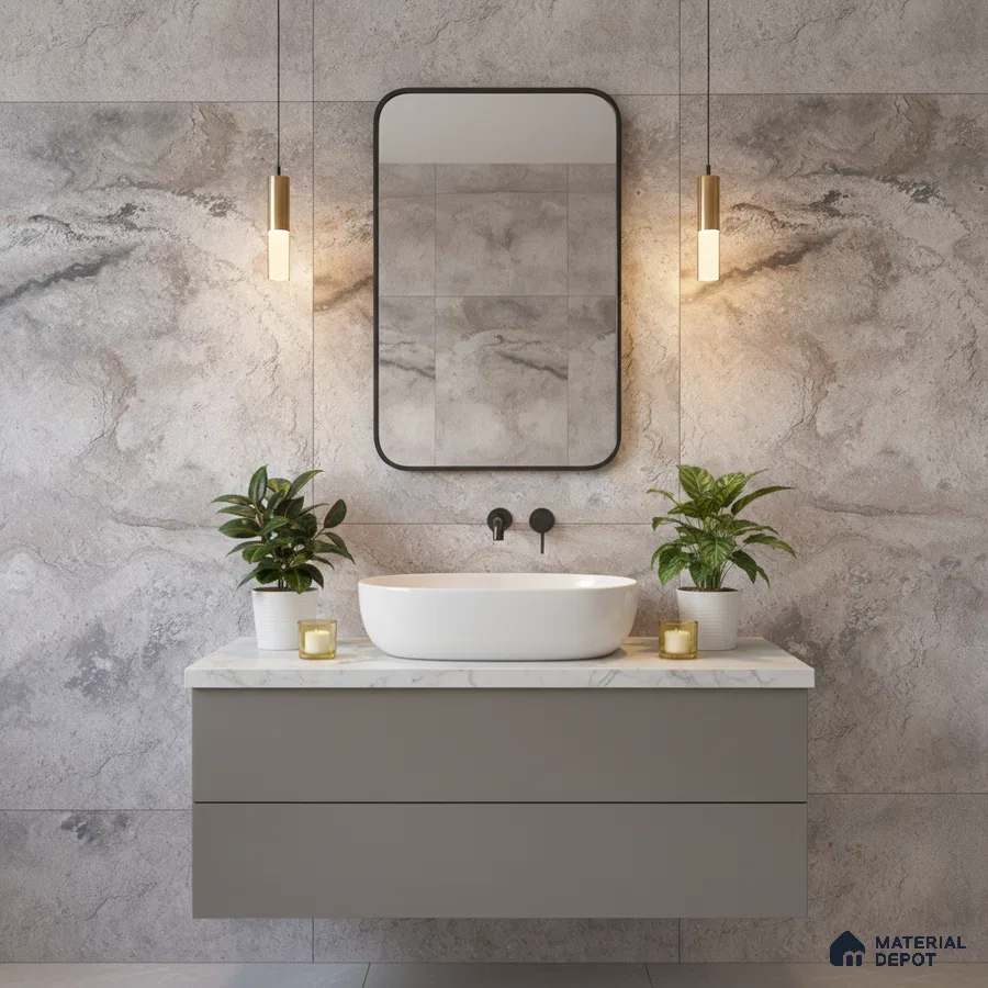 Modern bathroom with grey marble-look wall tiles and matte grey floating vanity