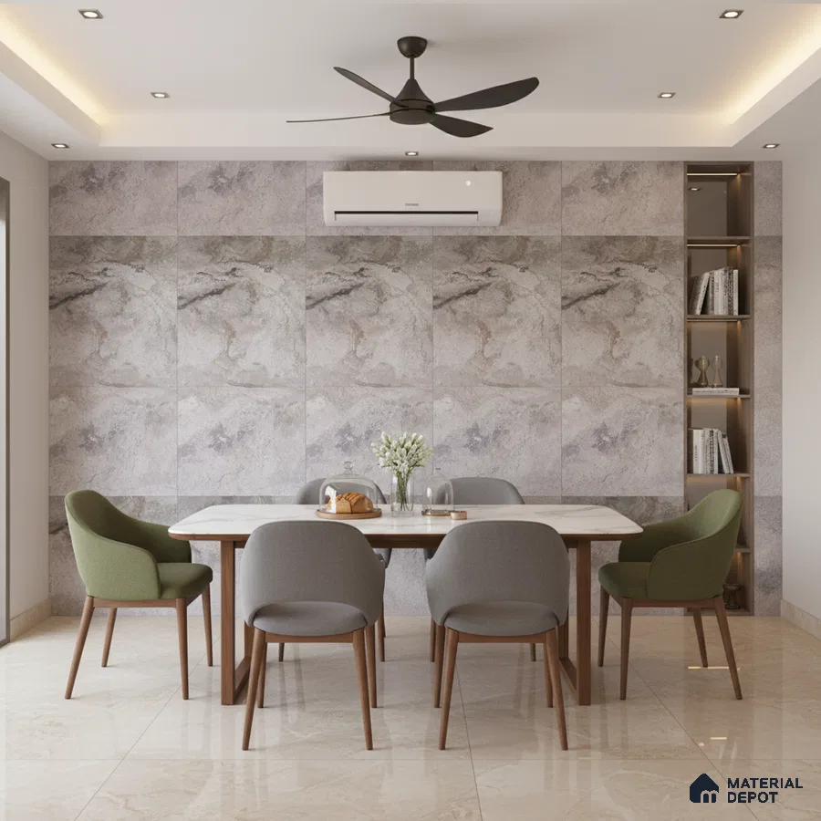 Modern dining room with marble-look wall tiles and glossy beige floor tiles